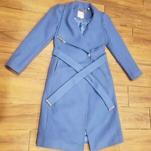 Ted baker blue wool blend long coat size 0 Trench Coat